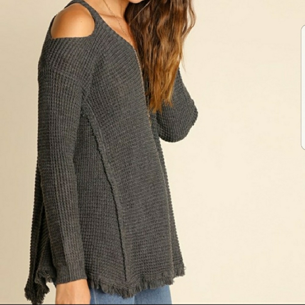 Waffle Knit Cold Shoulder Sweater - Picture 3 of 5